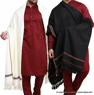 Pack of 2 Black & White Pure Acro-Woolen Dhussa Shawl For Man SHL-030-17