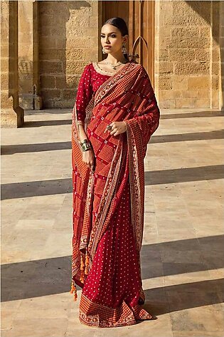 2PC Embroidered Gold and Lacquer Printed Chiffon Unstitched Saree with Raw Silk Blouse PRS-42004