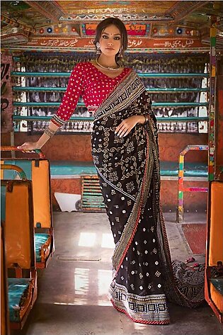 2PC Gold and Lacquer Printed Chiffon Unstitched Saree with Raw Silk Blouse PRS-42002