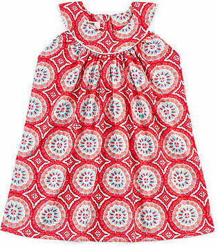 Coral, printed, woven dress featuring a round neck. It features an all over print along with a self fabric cut and sew neck panel with lace edging. It also has gathers around the panel. It is sleeveless and has a...