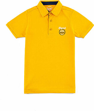 Mustard, basic, polo t-shirt featuring a collared neck with button detail. This shirt has a black neck tape and half sleeves with an embroidery pattern. Fabric: PQ Care Instructions: Machine or hand-wash up to 30°C/86F Gentle cycle Do not dry...