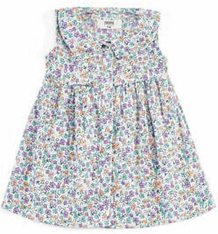 White, printed, woven dress featuring a round neck with a self fabric peter pan collar. It features an all over printed floral pattern along with front button placket opening with gathers at the cutline. It is sleeveless.  Fabric: Cotton Care...