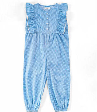 Blue, knit, printed jumpsuit featuring a crew neck with button details. It has ruffle sleeves with lace detailing. This shirt has an overall printed dots pattern. It has an elasticated he. Fabric: Poplin Care Instructions: Machine or hand-wash up to...