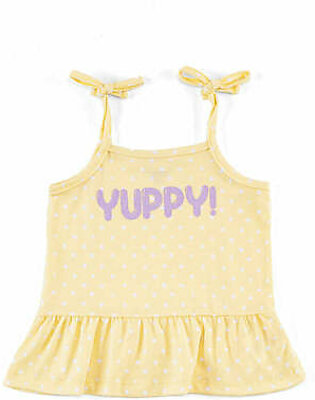 Lime yellow, plain, woven top featuring a square neck. It features a lower panel with gathers along with self fabric bow straps. It is sleeveless and has a printed yuppy artwork on the front.  Fabric: Pc Jersey Care Instructions: Machine...