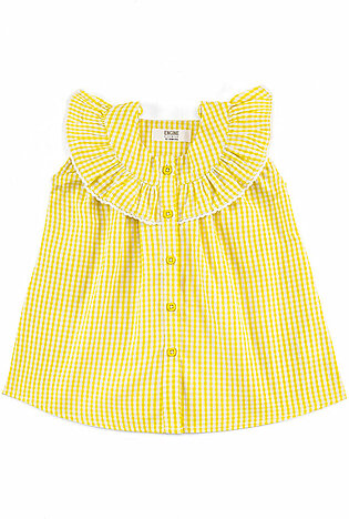 Lime yellow, check, woven dress featuring a round neck with a contrasting piping. It has front button placket opening. It features an all over printed pattern in contrasting colors along with frill gathers. It is sleeveless. Fabric: Cotton Care Instructions:...