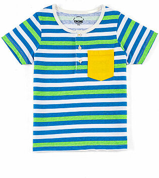 Blue, basic, striped henley featuring a rib finished crew neck and a button detail. It has half sleeves and a flat lock finished regular hem. This shirt has a yellow contrast patch pocket.  Fabric: Pc Jersey Care Instructions: Machine or...