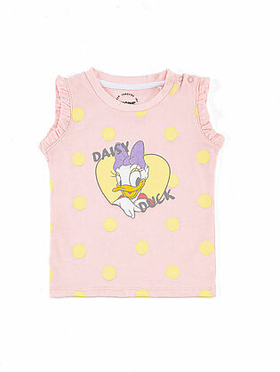 Light pink, printed, woven top featuring a crew neck and a snap button opening. It features an all over dots pattern in contrasting colors. It is sleeveless with fabric frill detail around arm hole. It also has a daisy duck...