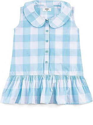Light blue, printed, woven top featuring a peter pan neck with front button placket opening. It features an all over check pattern in contrasting colors along with a lower panel with gathers. It is sleeveless.  Fabric: Cotton Care Instructions: Machine...