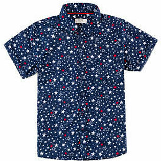 Navy, casual, printed shirt featuring a collar neck with button down detail. This shirt has half sleeves with turn-up hem. It also has a red neck tape and starry print all over.  Fabric: Cotton Care Instructions: Machine or hand-wash up...