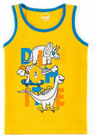 Yellow, basic, graphic tank top featuring a rib finished crew neck with a blue binding. It is sleeveless with a flat lock finished regular hem. This shirt has a printed dinosaur artwork on the front.   Fabric: Pc Jersey Care Instructions:...