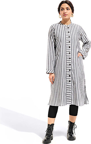 Black, long, woven dress featuring a band collar neck with button down detail. It has an overall striped pattern in contrasting shades along with full sleeves. It also has two front patch pockets.  The model is wearing size: S; Model...