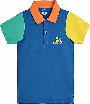 Blue, basic, polo shirt featuring a collar neck with contrasting collar and sleeves. This shirt has half sleeves with a color block panel in shades of green and yellow and a collar in shade of orange. It also has a...