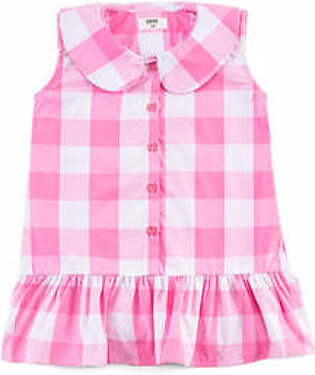 Pink, printed, woven top featuring a peter pan neck with front button placket opening. It features an all over check pattern in contrasting colors along with a lower panel with gathers. It is sleeveless.  Fabric: Cotton Care Instructions: Machine or...