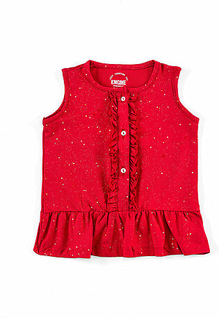 Red, printed, woven top featuring a round neck with front, frill, button placket opening. It features an all over glitter pattern in contrasting colors along with a lower panel with gathers. It is sleeveless.  Fabric: Pc Jersey Care Instructions: Machine...