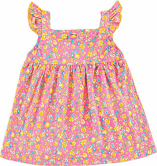 Pink, printed, woven dress featuring a square neck. It features a gather detail at the cutline. It has self fabric ruffle sleeves with self fabric straps. It also has a flatlock finished hem.  Fabric: PQ Care Instructions: Machine or hand-wash...