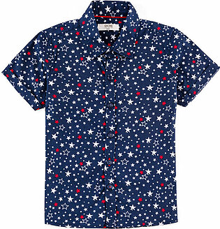 Navy, casual, printed shirt featuring a collar neck with button down detail. This shirt has half sleeves with turn-up hem. It also has a red neck tape and starry print all over.  Fabric: Cotton Care Instructions: Machine or hand-wash up to...
