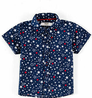 Navy, casual, printed shirt featuring a collar neck with button down detail. This shirt has half sleeves with turn-up hem. It also has a red neck tape and starry print all over.  Fabric: Cotton Care Instructions: Machine or hand-wash up...