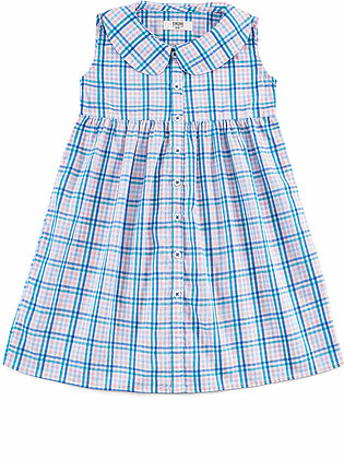Blue, printed, woven dress featuring a peter pan neck. It features an all over check pattern in contrasting colors along with front button placket opening. It also has a gather detail at the waist. It is sleeveless.  Fabric: Cotton Care...
