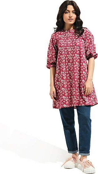 Maroon, mid length, woven top featuring a charming ban collar neck with button detail along the neckline. This top has three quarter sleeves and a floral print in a refreshing shade of white. This shirt also has pleats along the...