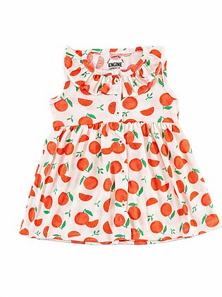 White, printed, woven dress featuring a round neck with frills.. It features an all over orange pattern in contrasting colors along with front button placket opening. It also has a gather detail at the cutline. It is sleeveless.  Fabric: Pc...