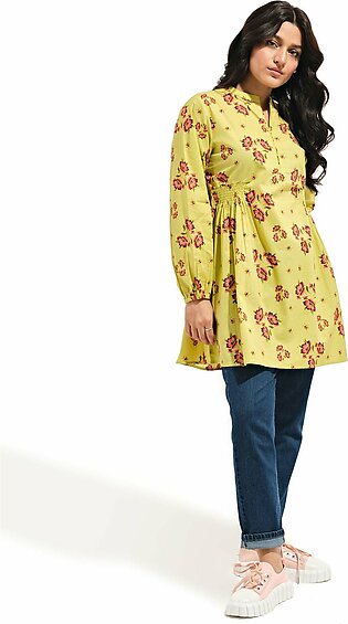 Lime yellow, mid length, woven top featuring a charming ban collar neck. This top has full slightly ballooned sleeves and a floral print in a refreshing shade of red and green. This shirt also has an adjustable elastic detail at...