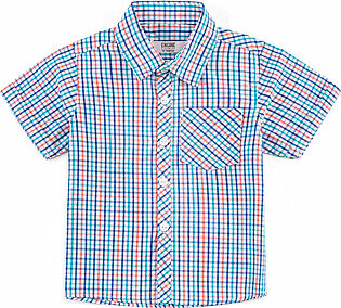 Blue, casual, check shirt featuring a collar neck with button down detail. This shirt has half sleeves with turn-up hem. It also has a pocket detail on the front and a check pattern in contrasting colors print all over.  Fabric:...