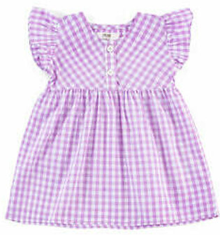 Purple, check, woven dress featuring a round neck with button detail. It features an all over check pattern in contrasting colors. It also has a gather detail at the waist and ruffle sleeves.  Fabric: Cotton Care Instructions: Machine or hand-wash...