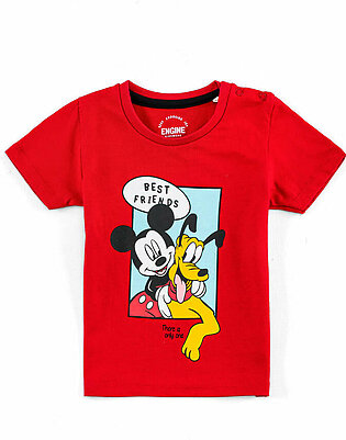 Red, basic, graphic t-shirt featuring a rib finished crew neck and a black neck tape. It has half sleeves and a flat lock finished regular hem. This shirt has a printed mickey mouse and pluto artwork on the front.   Fabric:...