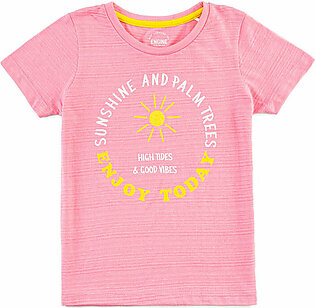 Pink, basic, graphic t-shirt featuring a rib finished crew neck and a yellow neck tape. It has half sleeves and a flat lock finished regular hem. This shirt has a printed sunshine artwork on the front.   Fabric: Slub Jersey Care...
