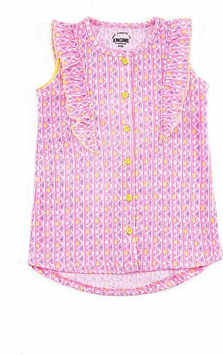 Pink, knit, printed dress featuring a crew neck and button down detail. It has ruffle sleeves and a front high, low back hem. This shirt has an all over print in contrasting colors.  Fabric: Jersey Care Instructions: Machine or hand-wash...
