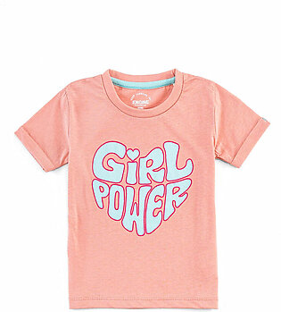 Peach, knit, graphic t-shirt featuring a crew neck and a contrasting neck tape. It has half, turn up sleeves and a flat lock finished regular hem. This shirt has a glitter printed girl power artwork on the front.   Fabric: Pc...