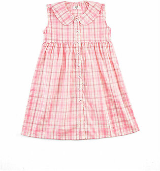 Pink, printed, woven dress featuring a peter pan neck. It features an all over check pattern in contrasting colors along with front button placket opening. It also has a gather detail at the waist. It is sleeveless.  Fabric: Cotton Care...