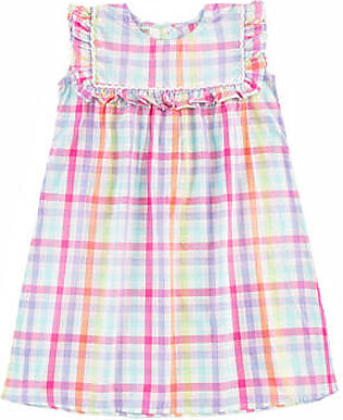 Pink, printed, woven dress featuring a round neck. It features an all over check pattern in contrasting colors along with a self fabric, front, frill detail. It also has a lace finishing around the frill. It is sleeveless.  Fabric: Cotton...