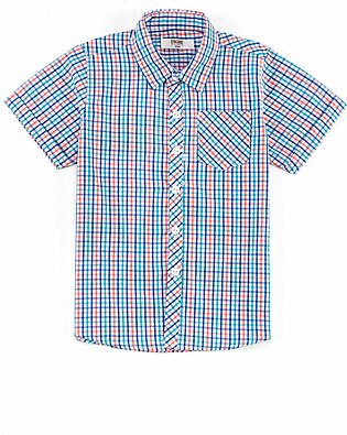 Blue, casual, check shirt featuring a collar neck with button down detail. This shirt has half sleeves with turn-up hem. It also has a pocket detail on the front and a check pattern in contrasting colors print all over.  Fabric: Cotton...