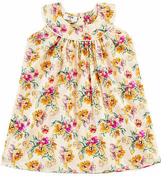 Off white, printed, woven dress featuring a round neck. It features an all over floral print along with a self fabric cut and sew neck panel with lace edging. It also has gathers around the panel. It is sleeveless and...