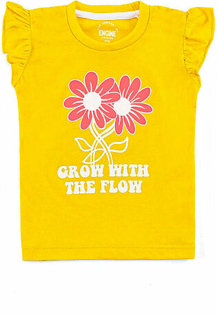 Yellow, knit, graphic t-shirt featuring a crew neck and a contrasting neck tape. It has ruffle sleeves and a flatlock finished hem. This shirt has a screen printed printed grow with the flow artwork on the front.   Fabric: Pc Jersey  Care...