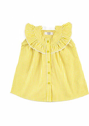 Lime yellow, check, woven dress featuring a round neck with a contrasting piping. It has front button placket opening. It features an all over printed pattern in contrasting colors along with frill gathers. It is sleeveless. Fabric: Cotton Care Instructions:...