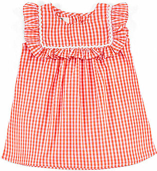 Coral, printed, woven dress featuring a round neck. It features an all over check pattern along with a self fabric, front, frill detail. It also has a lace finishing around the frill. It is sleeveless.  Fabric: Cotton Care Instructions: Machine...