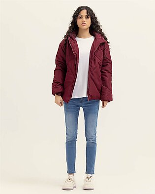 Wine colored parachute jacket with a hood, side pockets and zip up front
Fabric: Parachute
Care Instructions:

Machine or hand-wash up to 30°C/86F
Gentle cycle
Do not dry in direct sunlight
Do not bleach
Do not iron directly on prints/embroidery