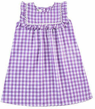 Purple, printed, woven dress featuring a round neck. It features an all over check pattern along with a self fabric, front, frill detail. It also has a lace finishing around the frill. It is sleeveless.  Fabric: Cotton Care Instructions: Machine...