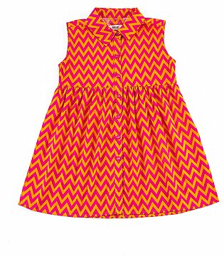 Pink, printed, woven dress featuring a collar neck. It features an all over zigzag pattern along with a button placket detail. It also has gathers at the waist. It is sleeveless. Fabric: Cotton Care Instructions: Machine or hand-wash up to...