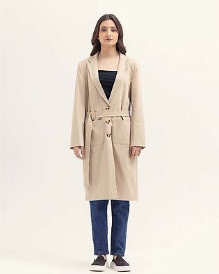 Beige long coat with side pockets and an adjustable belt
Fabric: Twill
Care Instructions:

Machine or hand-wash up to 30°C/86F
Gentle cycle
Do not dry in direct sunlight
Do not bleach
Do not iron directly on prints/embroidery