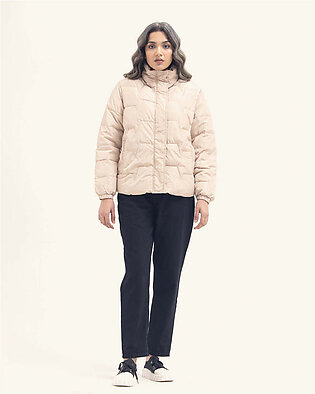 A cream colored quilted puffer jacket with a soft brushed interior. Features a high-neck, side pockets, embroidered pattern and a concealed button up front. Fabric: QUILTED POLY FABRIC Care Instructions: Machine or hand-wash up to 30°C/86F Gentle cycle Do not dry in direct sunlight Do not bleach...