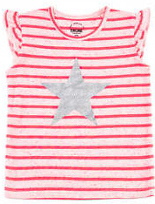 Pink, knit, graphic t-shirt featuring a crew neck and a contrasting neck tape. It has ruffle sleeves and a flatlock finished hem. This shirt has a screen printed glitter star artwork on the front and is striped.  Fabric: Yarn Dyed...
