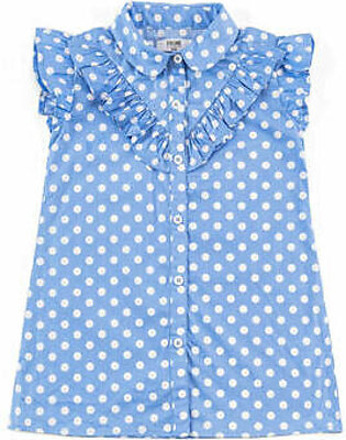 Light blue, printed, woven dress featuring a collar neck. It features an all over polka dot pattern along with a self fabric, front, frill detail. It also has gathers at the sleeves.  Fabric: Cotton Care Instructions: Machine or hand-wash up...