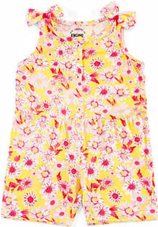 Yellow, knit, printed romper featuring a round neck with front button placket opening. It is sleeveless with self-fabric bows stitched at the shoulder. It has gather detail through the cutline at the waist.  Fabric: Pc Jersey Care Instructions: Machine or...