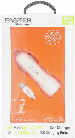Faster 2.4A Fast Micro & Iphone Car Charger with Dual Ultra -Fast USb Charging Ports White