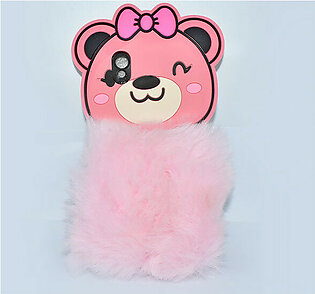 Fluffy Hairy Bear Face Mobile Back Covers For Oppo -  Pink