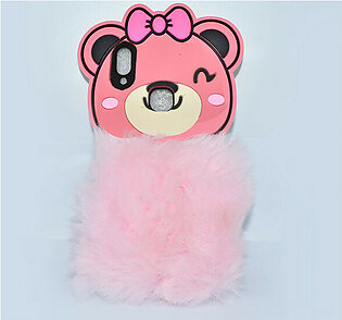 Fluffy Hairy Bear Face Mobile Back Covers For Vivo -  Pink