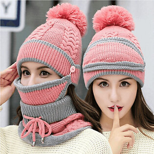 3pcs Women Winter Warm Scarf Knitted Hat Mask